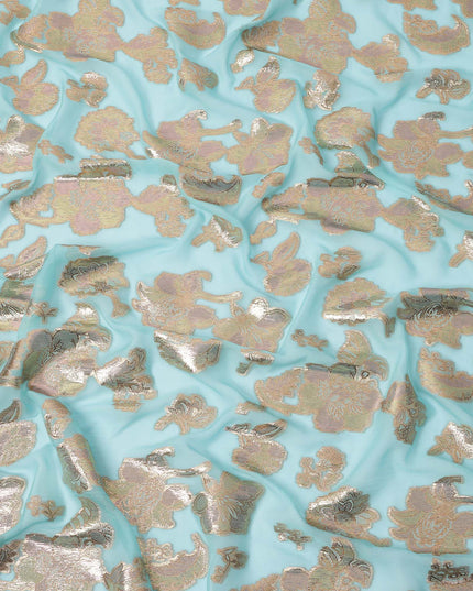 Aqua Blue Gold Metallic Lurex Floral Design Premium Silk Chiffon Fabric, 110 Cms Width, Made in South Korea-D25957