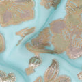 Aqua Blue Gold Metallic Lurex Floral Design Premium Silk Chiffon Fabric, 110 Cms Width, Made in South Korea-D25957