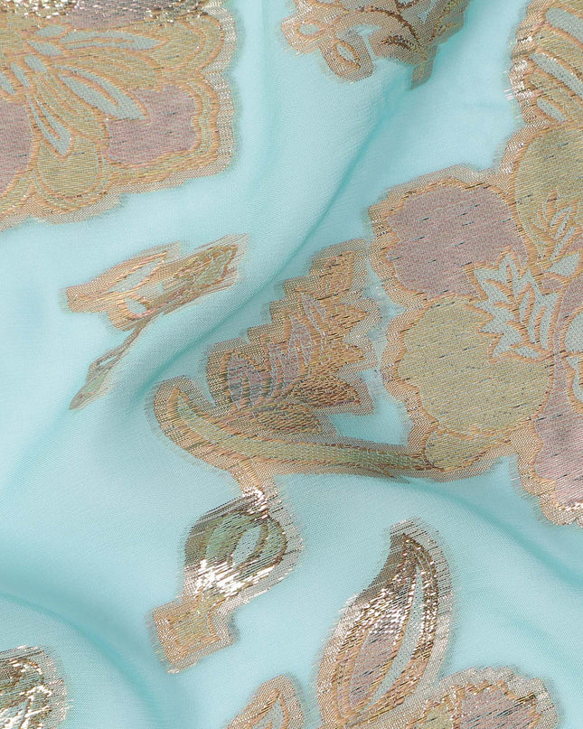 Aqua Blue Gold Metallic Lurex Floral Design Premium Silk Chiffon Fabric, 110 Cms Width, Made in South Korea-D25957