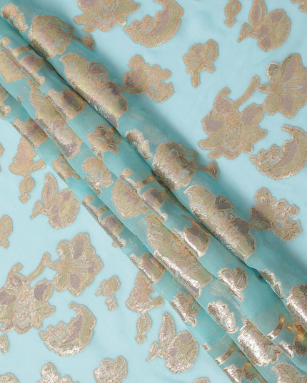 Aqua Blue Gold Metallic Lurex Floral Design Premium Silk Chiffon Fabric, 110 Cms Width, Made in South Korea-D25957