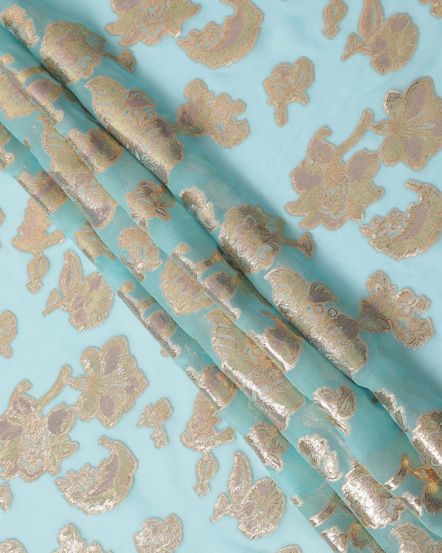 Aqua Blue Gold Metallic Lurex Floral Design Premium Silk Chiffon Fabric, 110 Cms Width, Made in South Korea-D25957