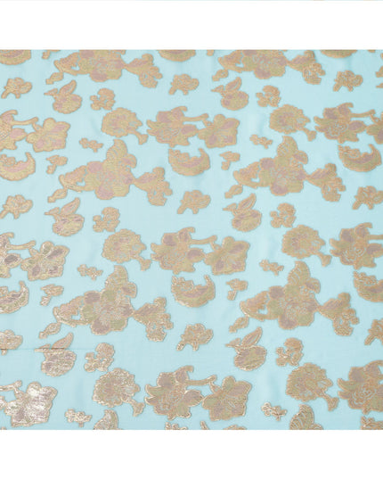 Aqua Blue Gold Metallic Lurex Floral Design Premium Silk Chiffon Fabric, 110 Cms Width, Made in South Korea-D25957