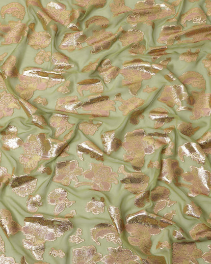 Pastel Green Gold Metallic Lurex Floral Design Premium Silk Chiffon Fabric, 110 Cms Width, Made in South Korea-D25960