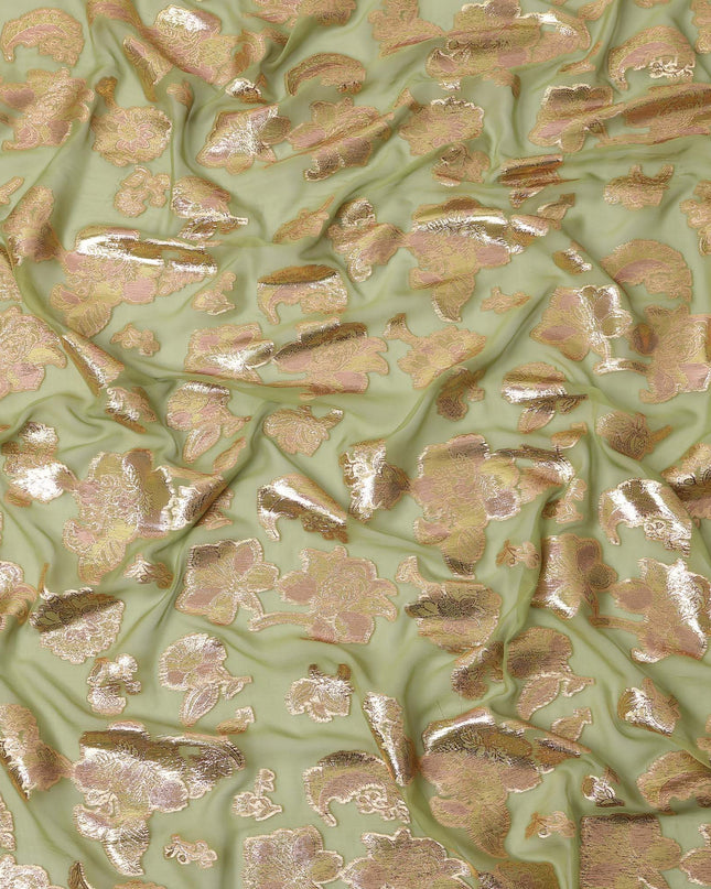 Pastel Green Gold Metallic Lurex Floral Design Premium Silk Chiffon Fabric, 110 Cms Width, Made in South Korea-D25960