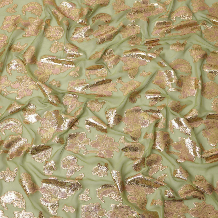 Pastel Green Gold Metallic Lurex Floral Design Premium Silk Chiffon Fabric, 110 Cms Width, Made in South Korea-D25960