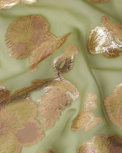 Pastel Green Gold Metallic Lurex Floral Design Premium Silk Chiffon Fabric, 110 Cms Width, Made in South Korea-D25960