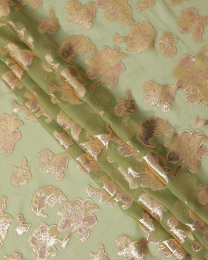 Pastel Green Gold Metallic Lurex Floral Design Premium Silk Chiffon Fabric, 110 Cms Width, Made in South Korea-D25960