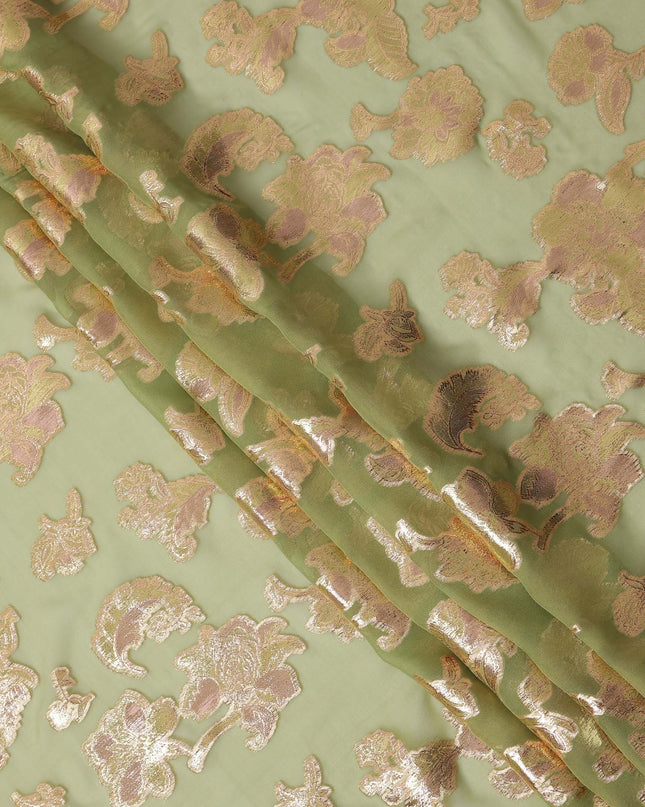 Pastel Green Gold Metallic Lurex Floral Design Premium Silk Chiffon Fabric, 110 Cms Width, Made in South Korea-D25960
