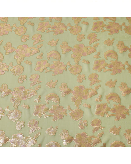 Pastel Green Gold Metallic Lurex Floral Design Premium Silk Chiffon Fabric, 110 Cms Width, Made in South Korea-D25960