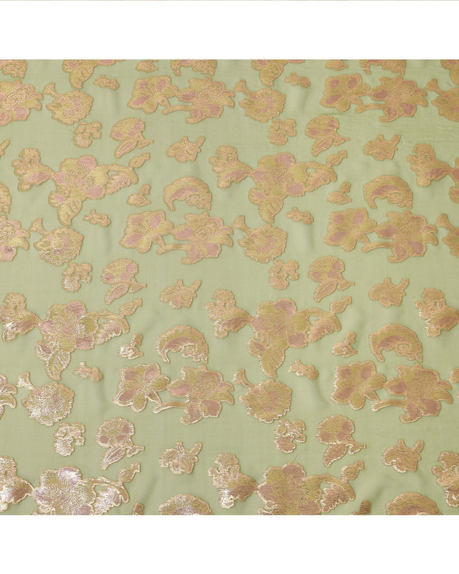 Pastel Green Gold Metallic Lurex Floral Design Premium Silk Chiffon Fabric, 110 Cms Width, Made in South Korea-D25960
