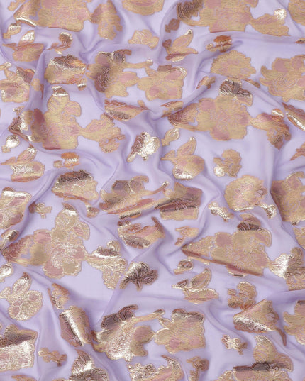 Lavender Gold Metallic Lurex Floral Design Premium Silk Chiffon Fabric, 110 Cms Width, Made in South Korea-D25955