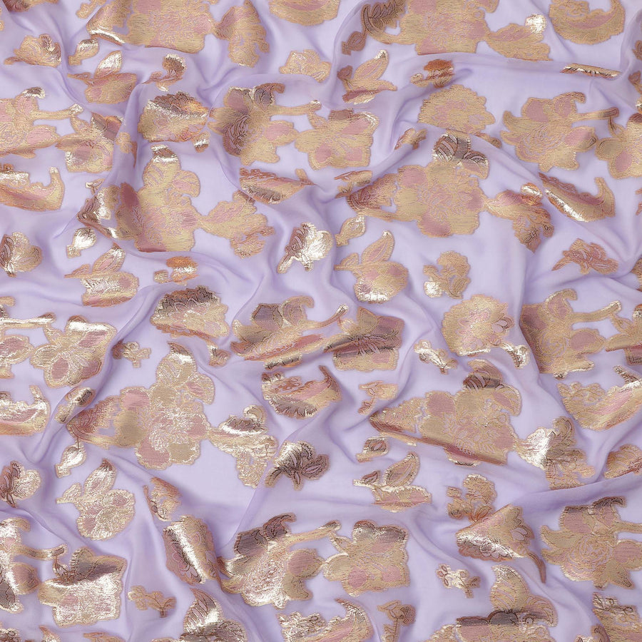 Lavender Gold Metallic Lurex Floral Design Premium Silk Chiffon Fabric, 110 Cms Width, Made in South Korea-D25955