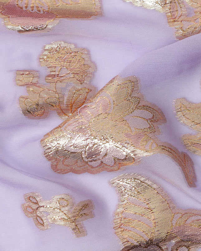 Lavender Gold Metallic Lurex Floral Design Premium Silk Chiffon Fabric, 110 Cms Width, Made in South Korea-D25955