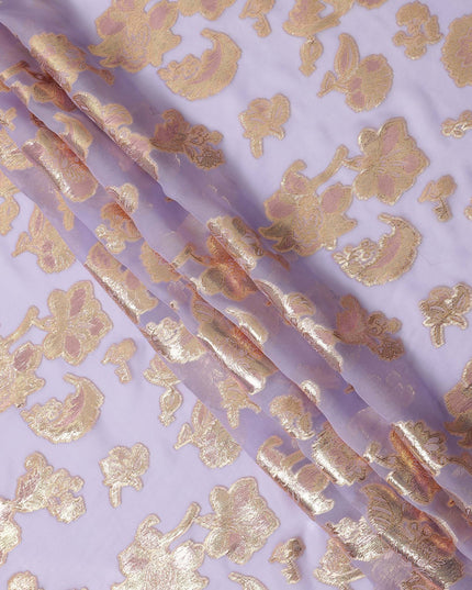 Lavender Gold Metallic Lurex Floral Design Premium Silk Chiffon Fabric, 110 Cms Width, Made in South Korea-D25955