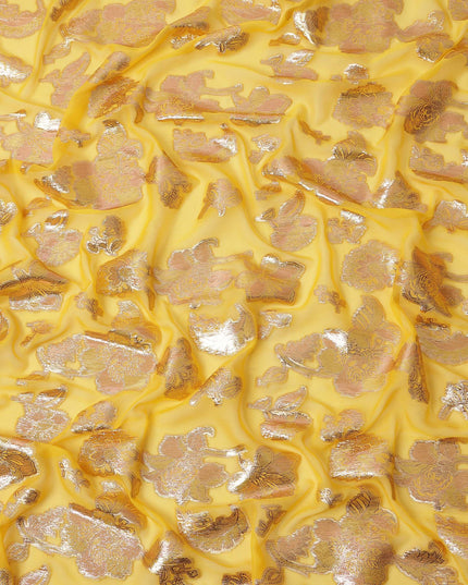 Yellow Gold Metallic Lurex Floral Design Premium Silk Chiffon Fabric, 110 Cms Width, Made in South Korea-D25956
