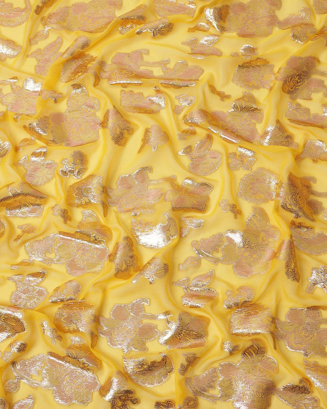 Yellow Gold Metallic Lurex Floral Design Premium Silk Chiffon Fabric, 110 Cms Width, Made in South Korea-D25956