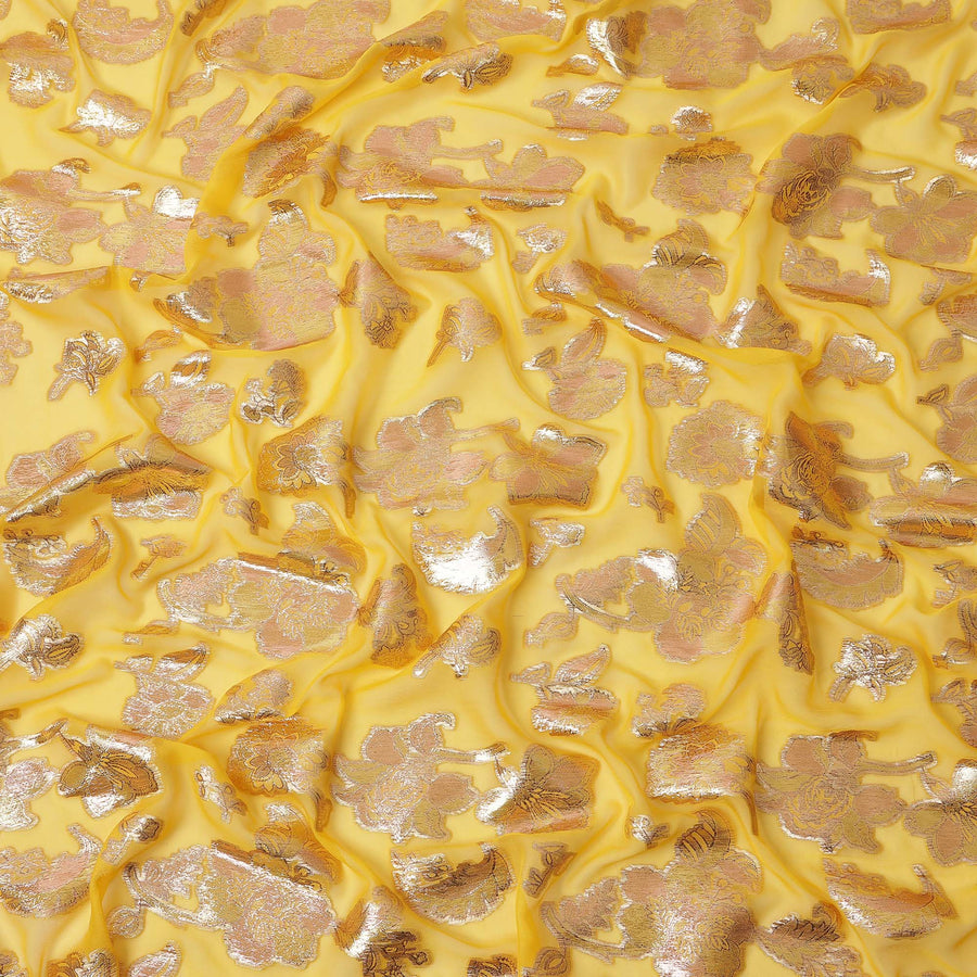 Yellow Gold Metallic Lurex Floral Design Premium Silk Chiffon Fabric, 110 Cms Width, Made in South Korea-D25956