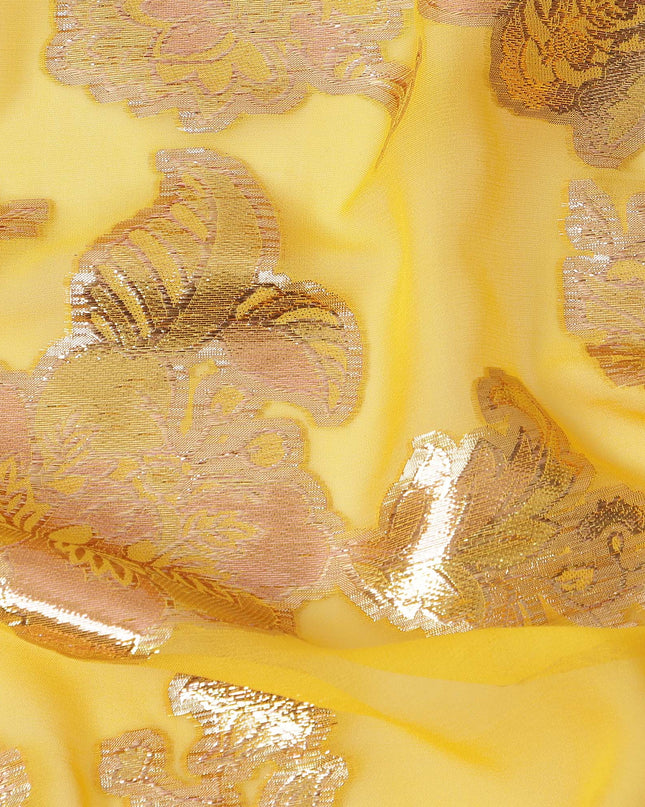 Yellow Gold Metallic Lurex Floral Design Premium Silk Chiffon Fabric, 110 Cms Width, Made in South Korea-D25956