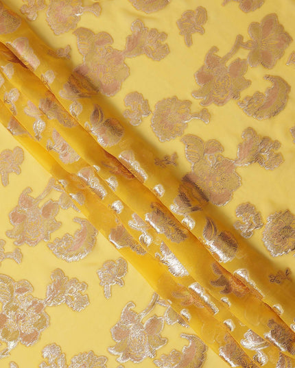 Yellow Gold Metallic Lurex Floral Design Premium Silk Chiffon Fabric, 110 Cms Width, Made in South Korea-D25956