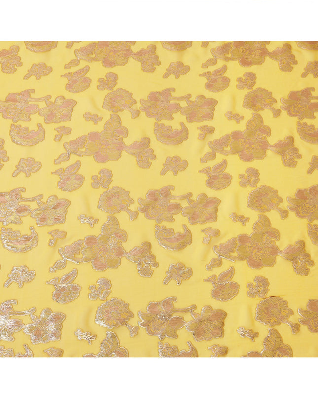 Yellow Gold Metallic Lurex Floral Design Premium Silk Chiffon Fabric, 110 Cms Width, Made in South Korea-D25956