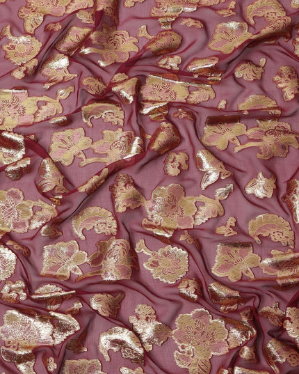 Maroon Gold Metallic Lurex Floral Design Premium Silk Chiffon Fabric, 110 Cms Width, Made in South Korea-D25959
