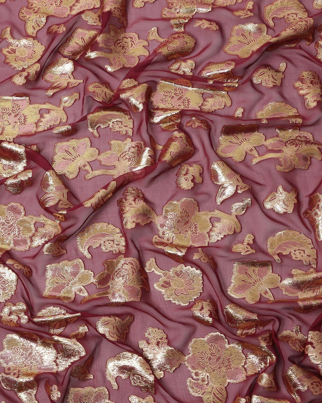 Maroon Gold Metallic Lurex Floral Design Premium Silk Chiffon Fabric, 110 Cms Width, Made in South Korea-D25959