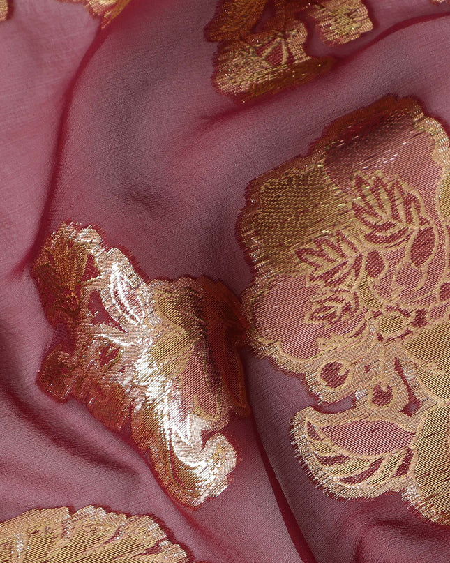 Maroon Gold Metallic Lurex Floral Design Premium Silk Chiffon Fabric, 110 Cms Width, Made in South Korea-D25959