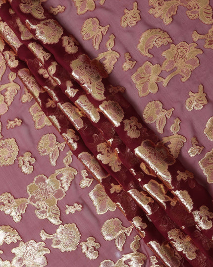 Maroon Gold Metallic Lurex Floral Design Premium Silk Chiffon Fabric, 110 Cms Width, Made in South Korea-D25959