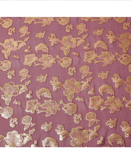 Maroon Gold Metallic Lurex Floral Design Premium Silk Chiffon Fabric, 110 Cms Width, Made in South Korea-D25959