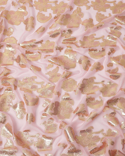 Baby Pink Gold Metallic Lurex Floral Design Premium Silk Chiffon Fabric, 110 Cms Width, Made in South Korea-D25958