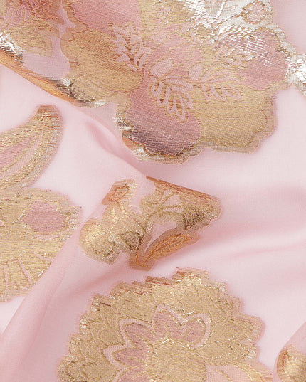 Baby Pink Gold Metallic Lurex Floral Design Premium Silk Chiffon Fabric, 110 Cms Width, Made in South Korea-D25958