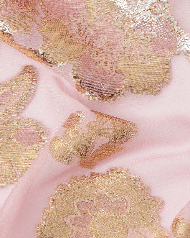 Baby Pink Gold Metallic Lurex Floral Design Premium Silk Chiffon Fabric, 110 Cms Width, Made in South Korea-D25958