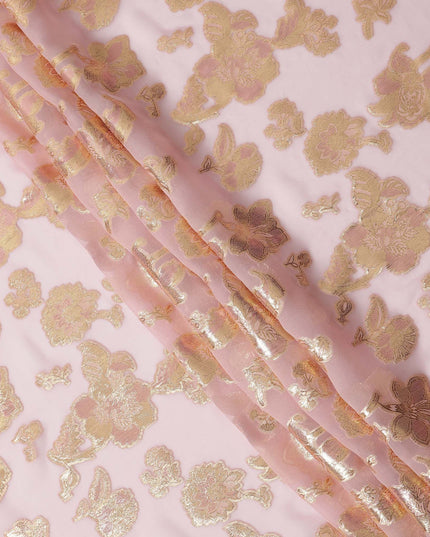 Baby Pink Gold Metallic Lurex Floral Design Premium Silk Chiffon Fabric, 110 Cms Width, Made in South Korea-D25958