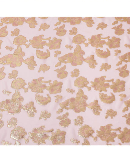Baby Pink Gold Metallic Lurex Floral Design Premium Silk Chiffon Fabric, 110 Cms Width, Made in South Korea-D25958