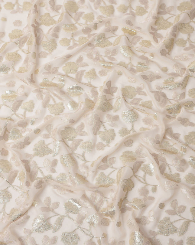 Ivory Gold Metallic Floral Embroidered Design Premium Silk Chiffon Fabric, 110 Cms Width, Made in South Korea-D25971