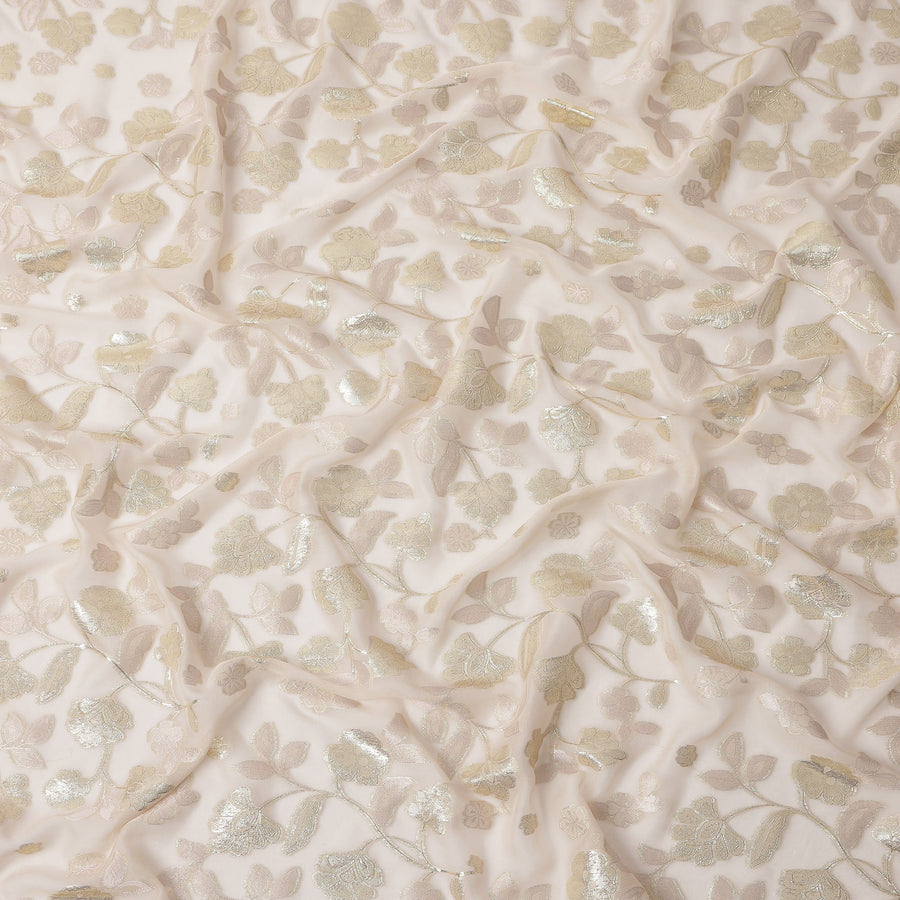 Ivory Gold Metallic Floral Embroidered Design Premium Silk Chiffon Fabric, 110 Cms Width, Made in South Korea-D25971