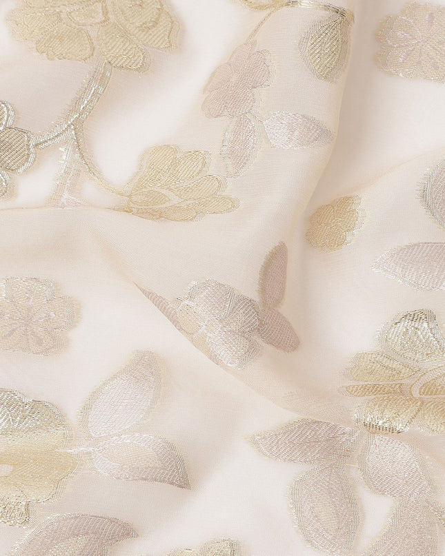 Ivory Gold Metallic Floral Embroidered Design Premium Silk Chiffon Fabric, 110 Cms Width, Made in South Korea-D25971