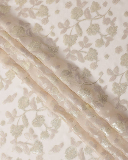Ivory Gold Metallic Floral Embroidered Design Premium Silk Chiffon Fabric, 110 Cms Width, Made in South Korea-D25971