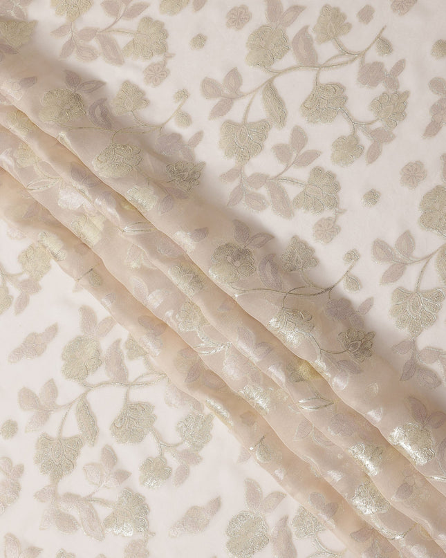 Ivory Gold Metallic Floral Embroidered Design Premium Silk Chiffon Fabric, 110 Cms Width, Made in South Korea-D25971