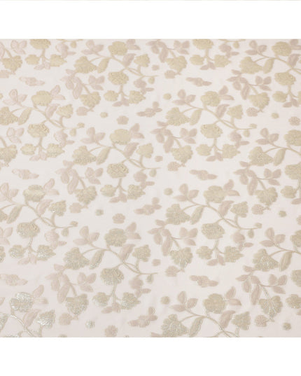 Ivory Gold Metallic Floral Embroidered Design Premium Silk Chiffon Fabric, 110 Cms Width, Made in South Korea-D25971