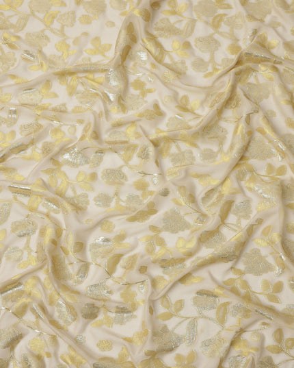 Golden Yellow Metallic Floral Embroidered Design Premium Silk Chiffon Fabric, 110 Cms Width, Made in South Korea-D25972