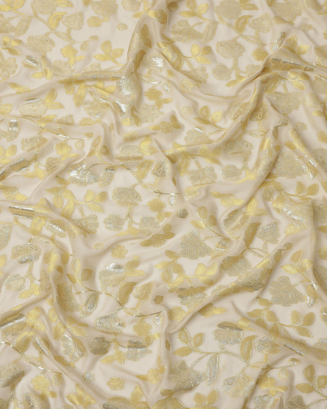 Golden Yellow Metallic Floral Embroidered Design Premium Silk Chiffon Fabric, 110 Cms Width, Made in South Korea-D25972