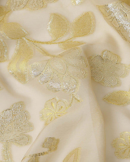 Golden Yellow Metallic Floral Embroidered Design Premium Silk Chiffon Fabric, 110 Cms Width, Made in South Korea-D25972