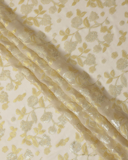 Golden Yellow Metallic Floral Embroidered Design Premium Silk Chiffon Fabric, 110 Cms Width, Made in South Korea-D25972
