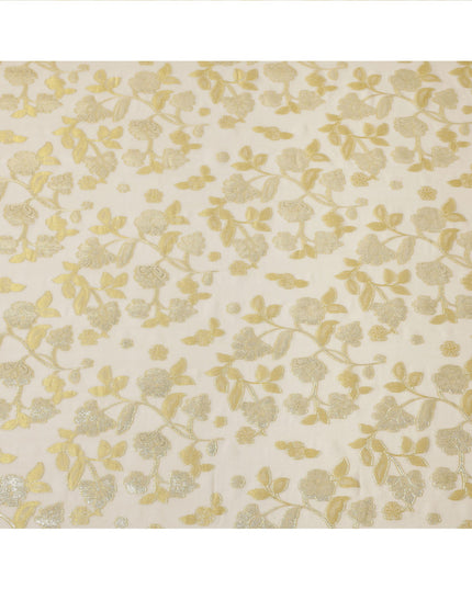 Golden Yellow Metallic Floral Embroidered Design Premium Silk Chiffon Fabric, 110 Cms Width, Made in South Korea-D25972
