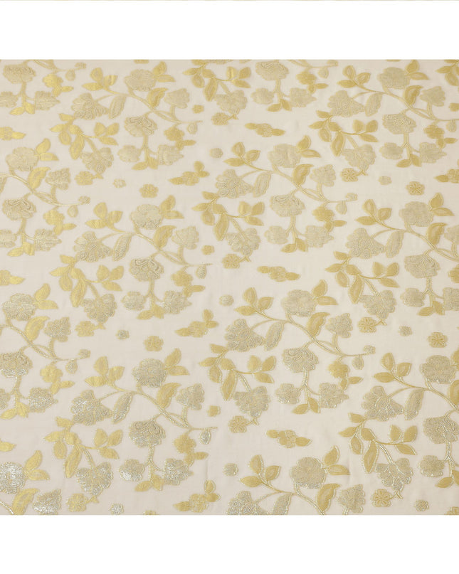 Golden Yellow Metallic Floral Embroidered Design Premium Silk Chiffon Fabric, 110 Cms Width, Made in South Korea-D25972