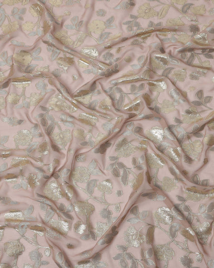 Blush Pink Gold Metallic Floral Embroidered Design Premium Silk Chiffon Fabric, 110 Cms Width, Made in South Korea-D25973