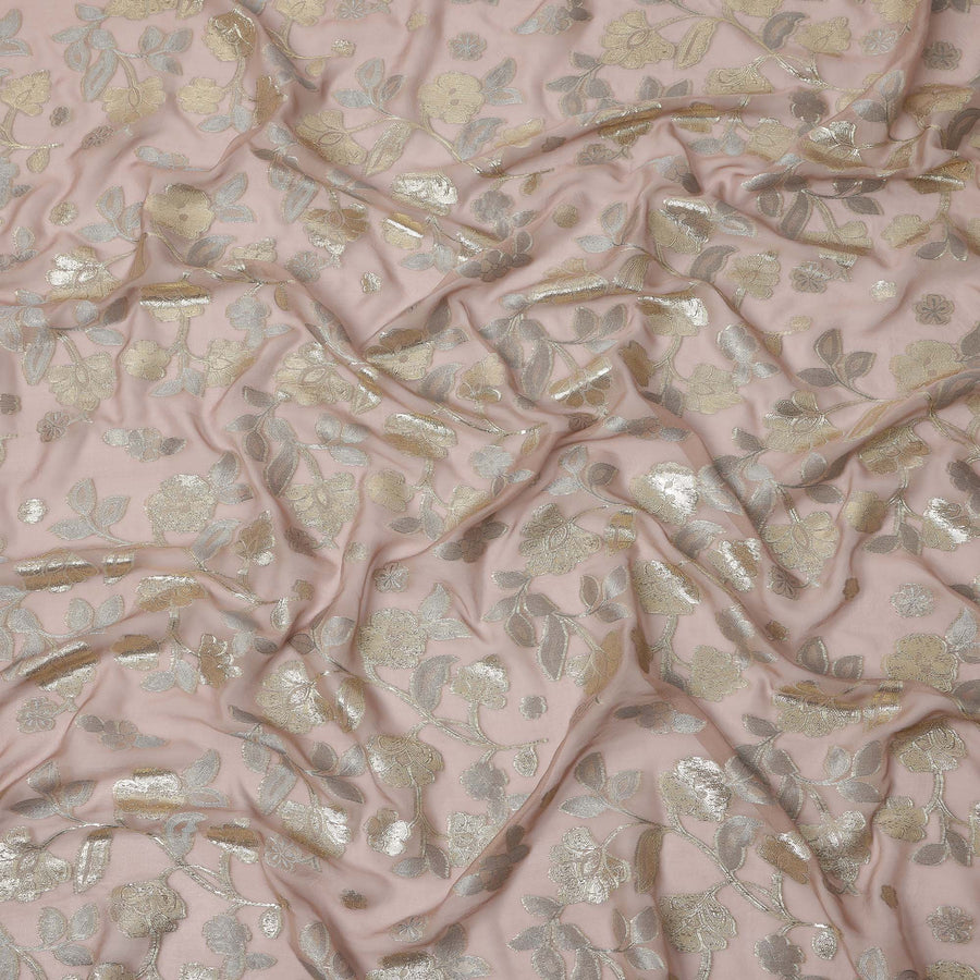 Blush Pink Gold Metallic Floral Embroidered Design Premium Silk Chiffon Fabric, 110 Cms Width, Made in South Korea-D25973