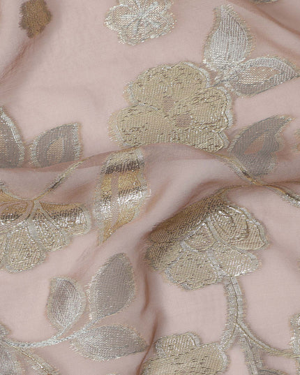 Blush Pink Gold Metallic Floral Embroidered Design Premium Silk Chiffon Fabric, 110 Cms Width, Made in South Korea-D25973