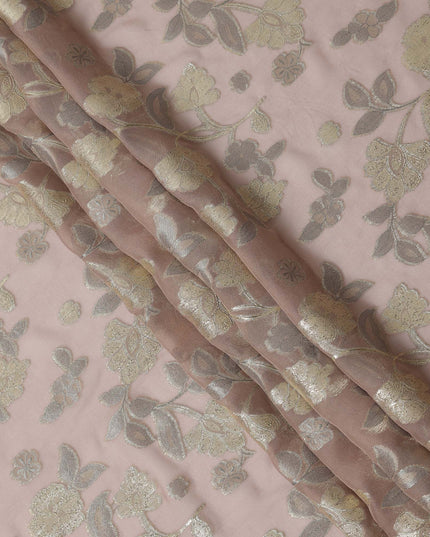 Blush Pink Gold Metallic Floral Embroidered Design Premium Silk Chiffon Fabric, 110 Cms Width, Made in South Korea-D25973